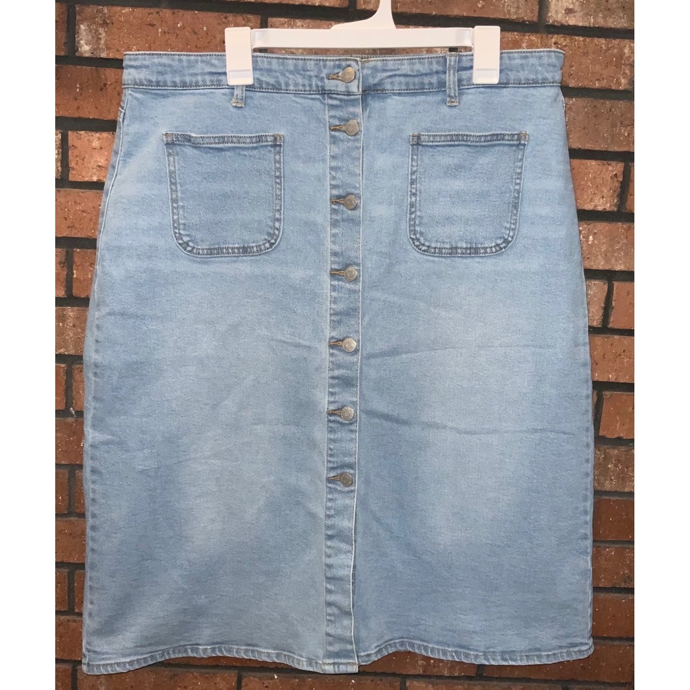 Wonderly Light Wash High Rise Button Front Denim Midi Skirt Size 16P